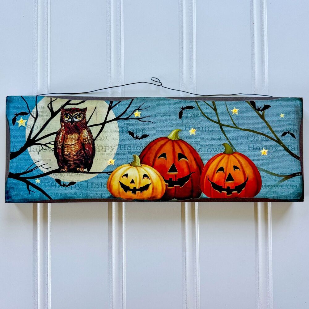 Light Up Halloween Sign with Pumpkins, Owl & Bats | Wall Decor | Rustic Fall